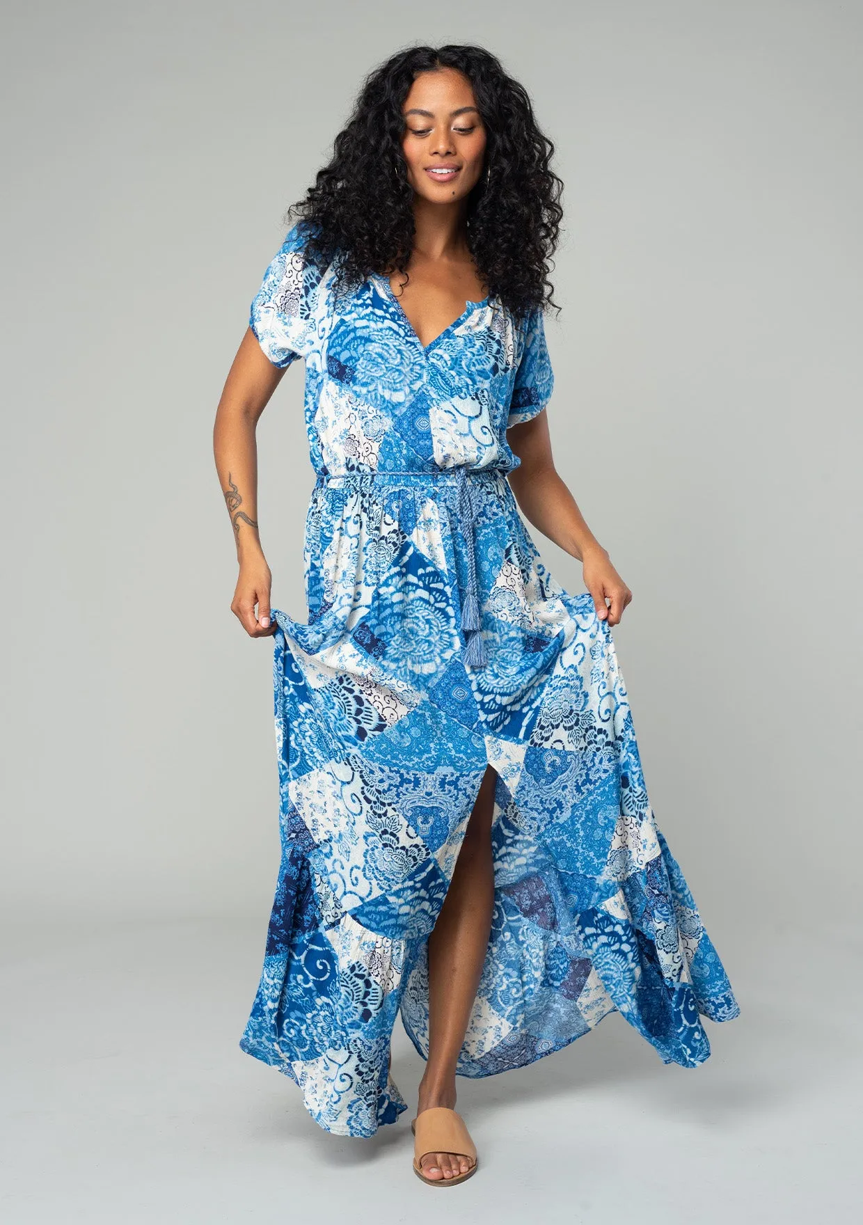 Bohemian Floral Patchwork Short Sleeve Maxi Dress