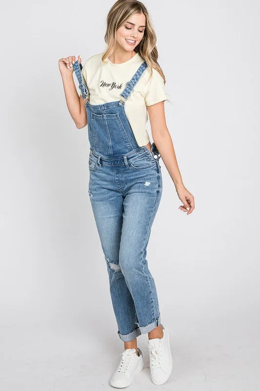 Distressed Raw Edge Cuffed Hem Stretch Mom Overall
