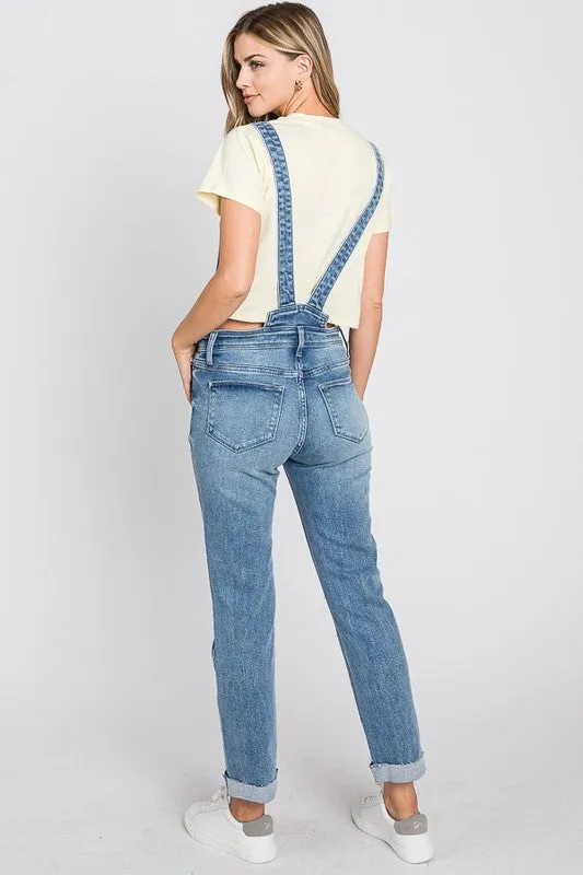 Distressed Raw Edge Cuffed Hem Stretch Mom Overall