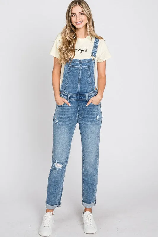 Distressed Raw Edge Cuffed Hem Stretch Mom Overall