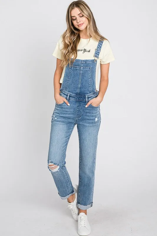 Distressed Raw Edge Cuffed Hem Stretch Mom Overall
