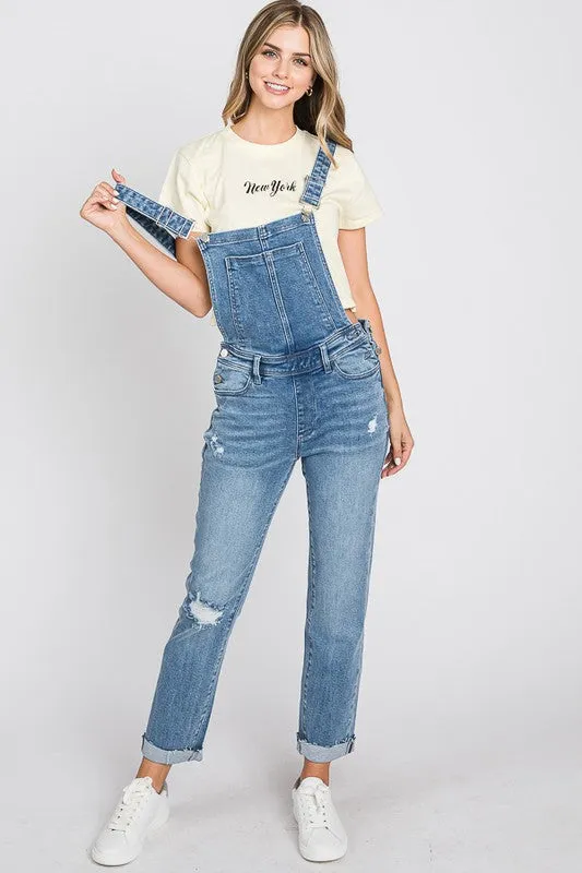 Distressed Raw Edge Cuffed Hem Stretch Mom Overall