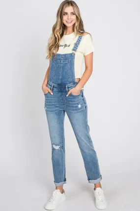 Distressed Raw Edge Cuffed Hem Stretch Mom Overall