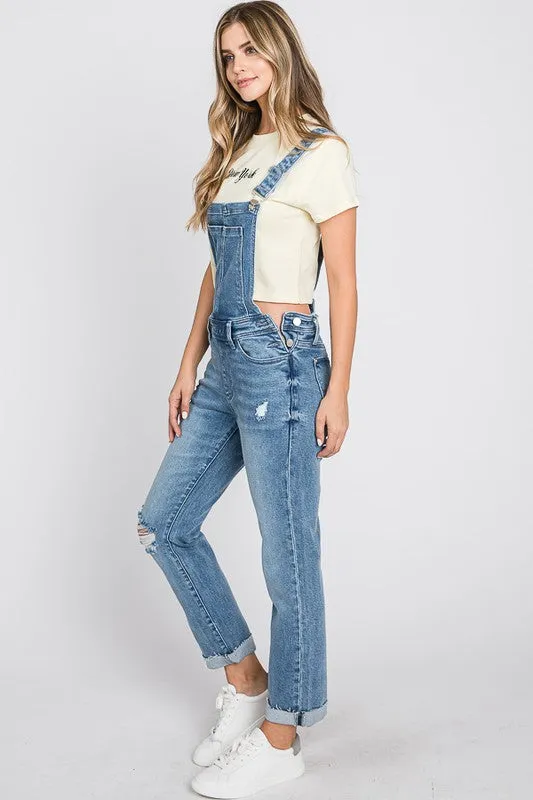 Distressed Raw Edge Cuffed Hem Stretch Mom Overall