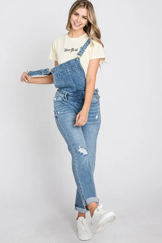 Distressed Raw Edge Cuffed Hem Stretch Mom Overall