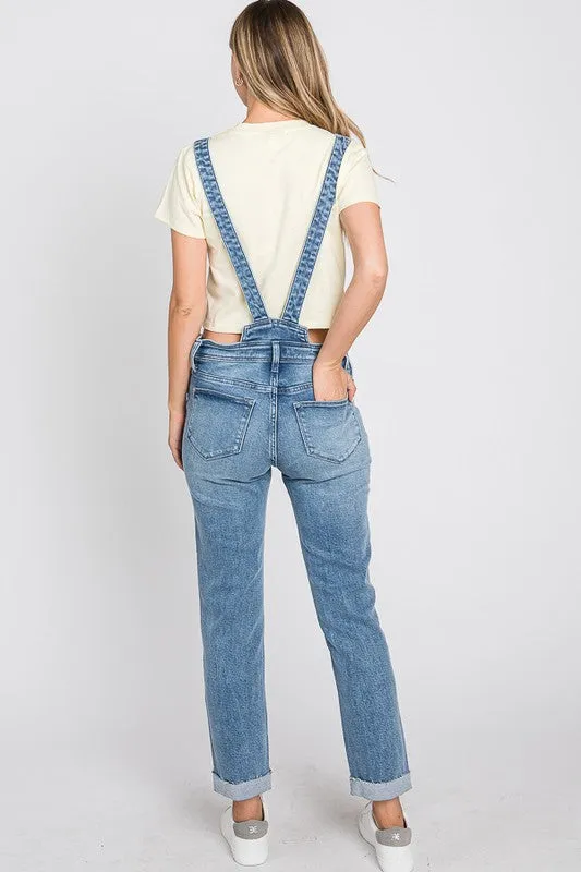 Distressed Raw Edge Cuffed Hem Stretch Mom Overall