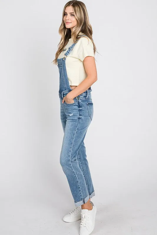 Distressed Raw Edge Cuffed Hem Stretch Mom Overall