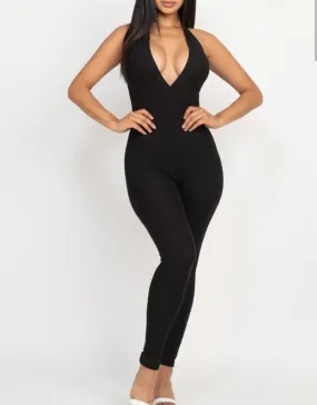 Sleek Halter V Neck Ribbed Body Con Jumpsuit
