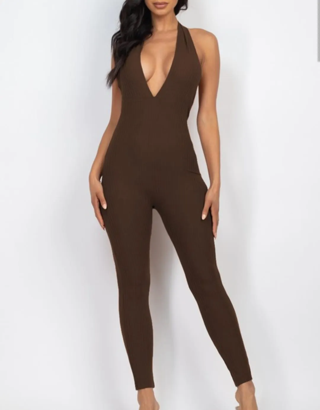 Sleek Halter V Neck Ribbed Body Con Jumpsuit