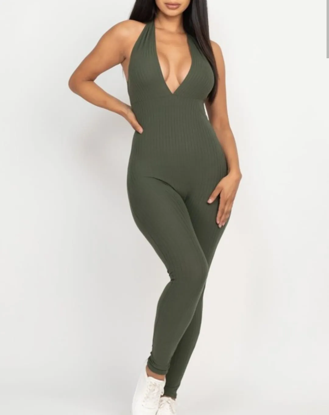 Sleek Halter V Neck Ribbed Body Con Jumpsuit