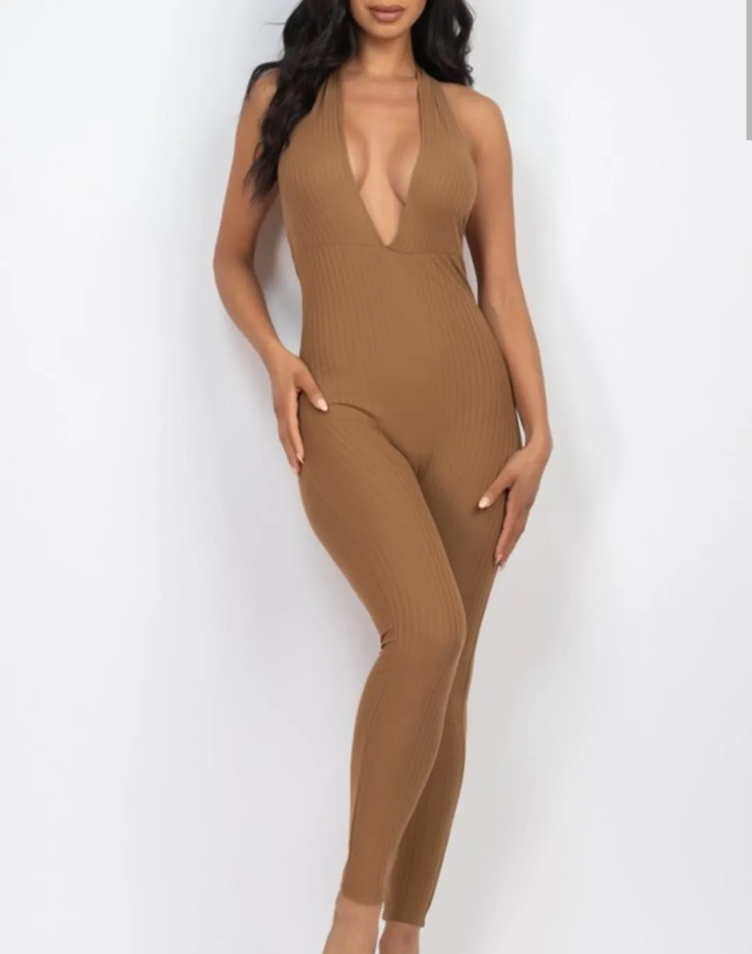 Sleek Halter V Neck Ribbed Body Con Jumpsuit
