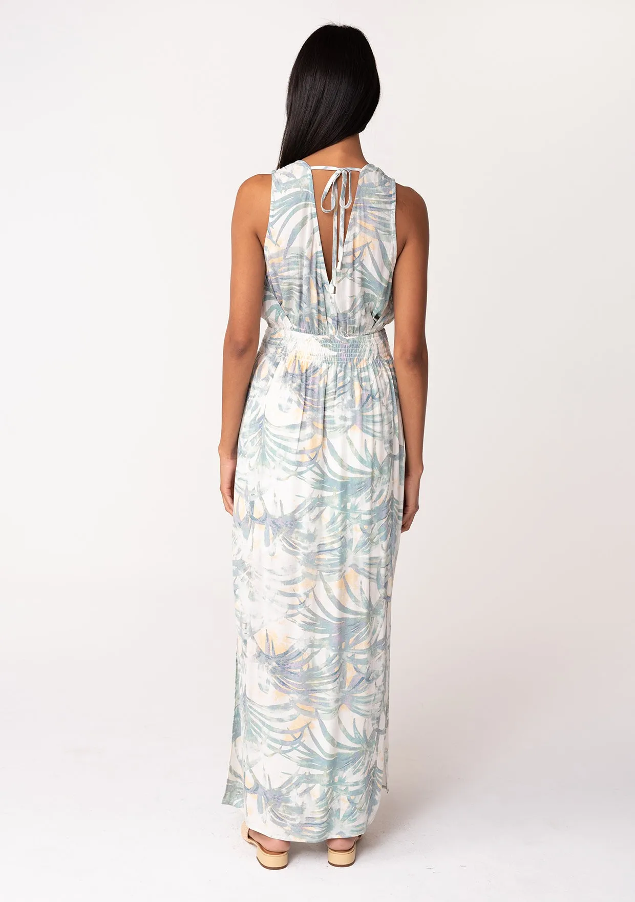 Tropical Sleeveless Tie Back V Neck Maxi Dress