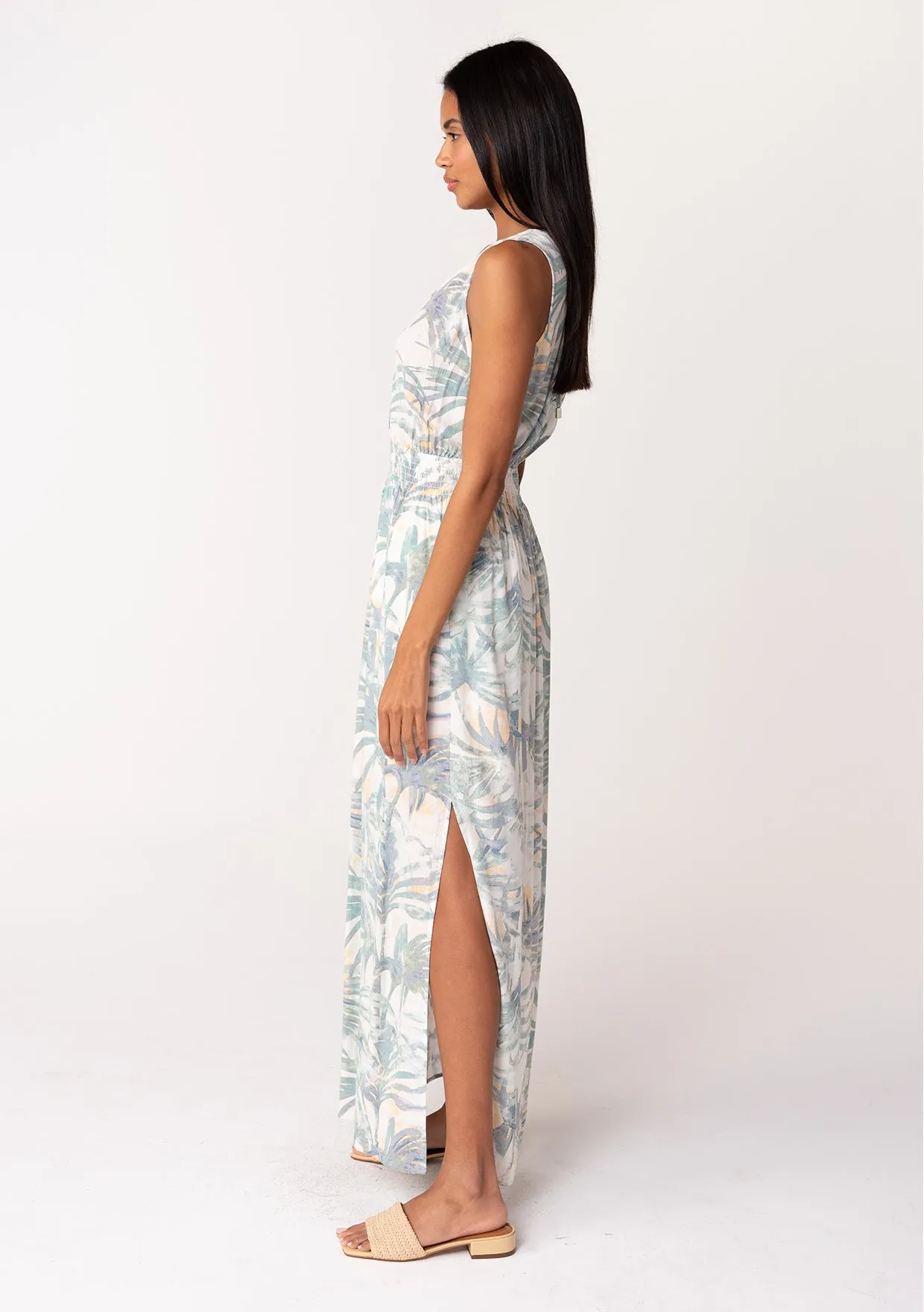 Tropical Sleeveless Tie Back V Neck Maxi Dress